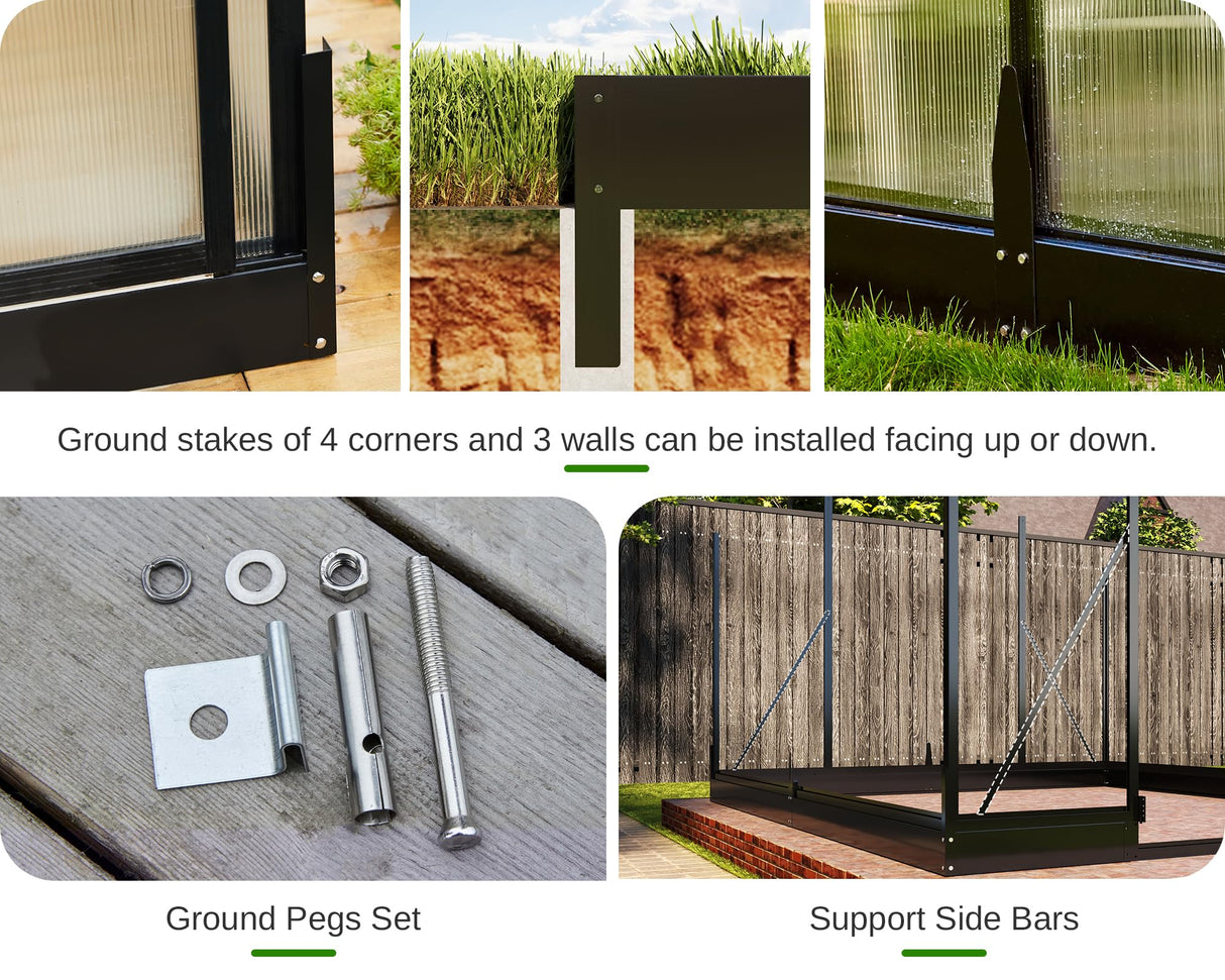 PaPaJet 8x14 FT Polycarbonate Greenhouse with Quick-Connect Fittings, Walk-in Large Aluminum Greenhouse with 2 Swing Doors, Winter Greenhouse for Outdoors Black PaPaJet