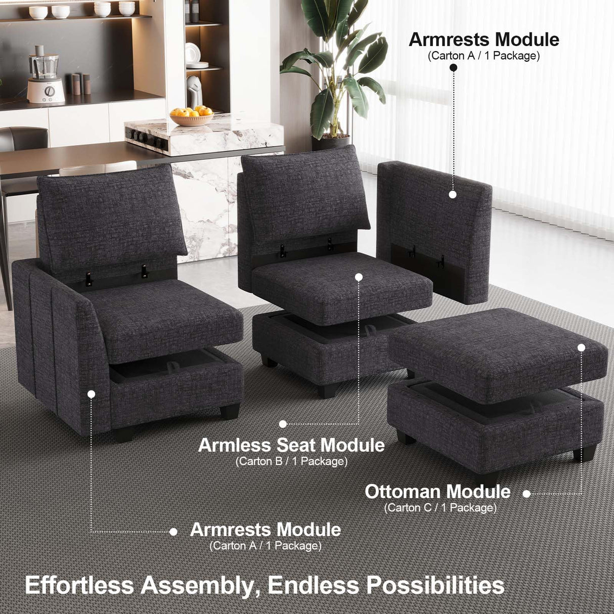 Belffin Modular Sectional Sofa Chenille Sleeper Sectional Couch with Storage Modular Sofa Bed for Living Room, 6 Sats, Dark Grey Belffin