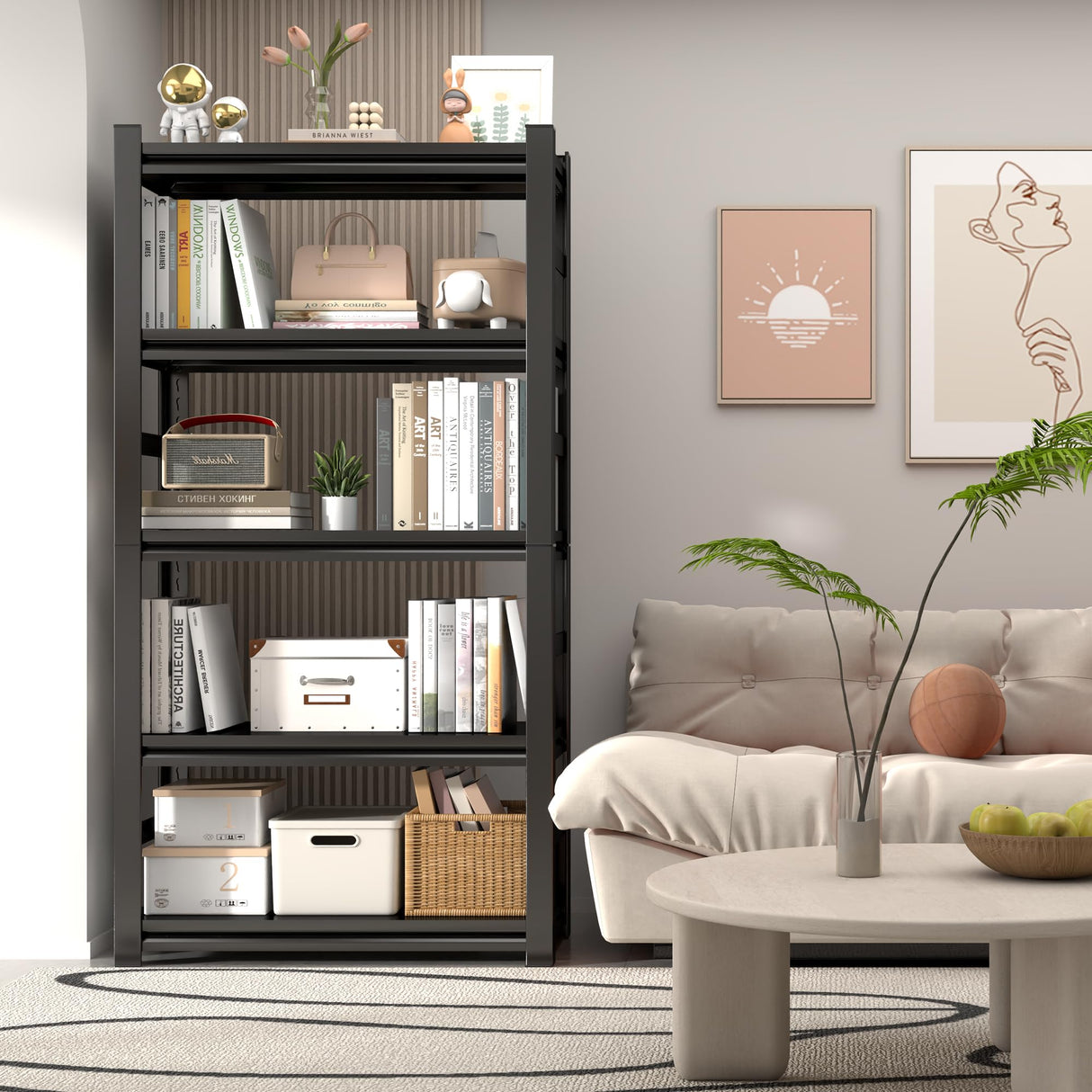 72" H Industrial Bookshelf&Bookcase, 5 Tier Adjustable Tall Book Shelves, Freestanding Modern Display Shelf Units, Metal Open Storage Shelving Organizer for CD/Movie/Book, Space Saving(Black) Metallitrend