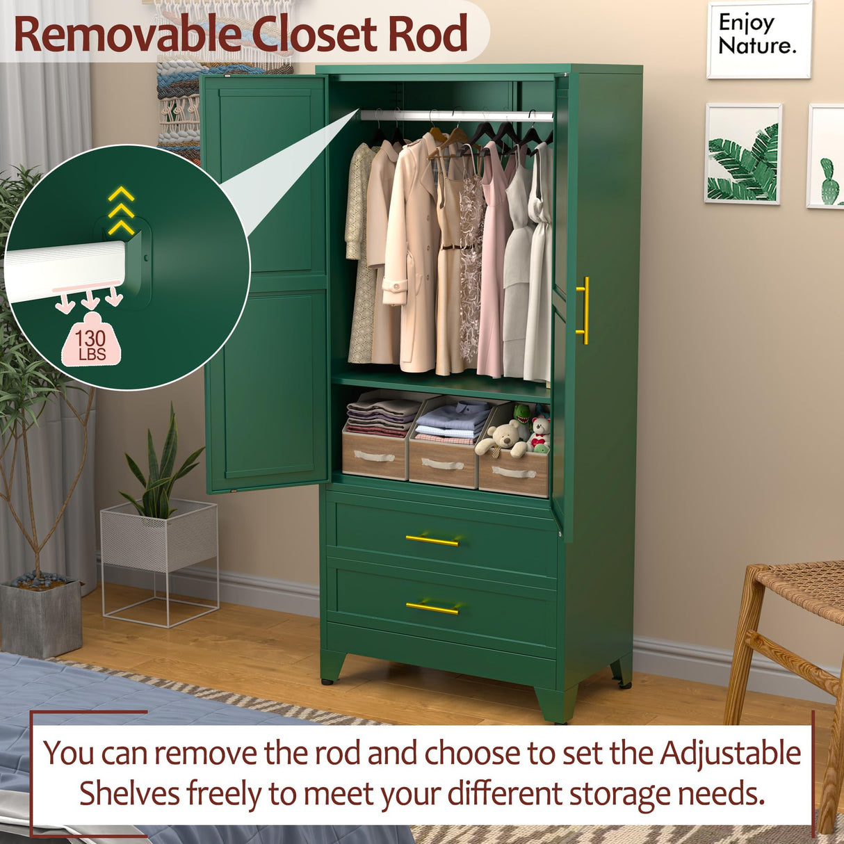 Metal Wardrobe Closet with 2 Doors & 2 Drawers, 71" Tall Armoire Wardrobe Closet with Hanging Rods and Adjustable Shelf, Steel Wardrobe Storage Cabinet for Bedroom-Green winiowa