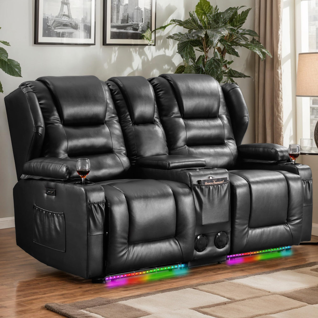 DRMBOOK RV Power Loveseat Recliner Sofa, Faux Leather Double Wall Hugger Reclining Sofa with Console, Home Theater Seating Chair with Cup Holders, 2 Person Couch RV Furniture for Living Room, Black DRMBOOK