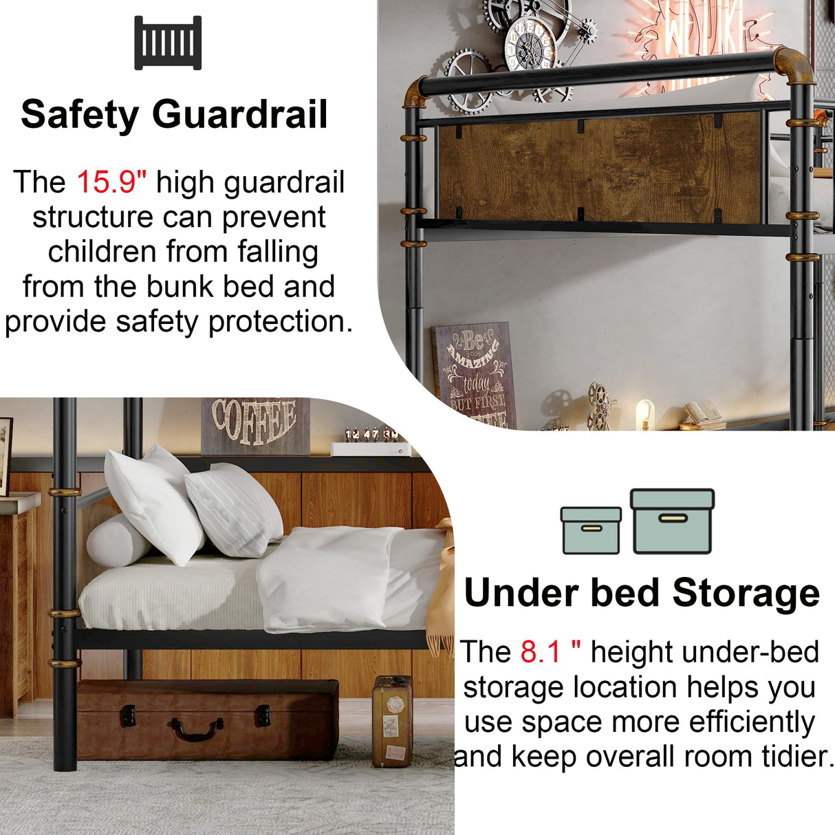 Twin XL over Twin XL Industrial Bunk Beds for Kids and Teens , Heavy-Duty 2 IN 1 Metal Convertible Bunk Bed with Ladder and Slats Support ,15.9" High Guard Rail,Space-Saving ,Noise Reduced,Black MoproBeti