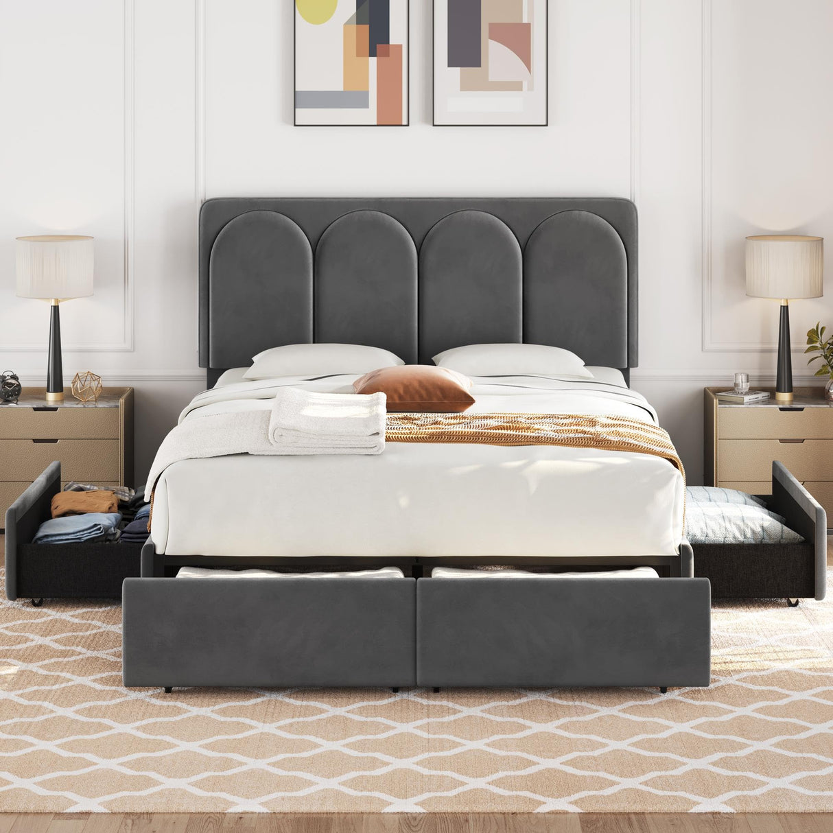 Stylish Dark Gray Queen Bed Frame with Adjustable Headboard and 4 Storage Drawers Yaheetech