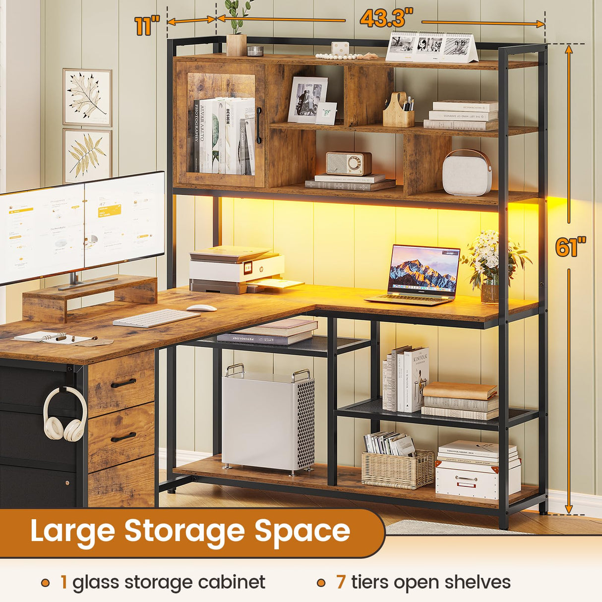 SEDETA L Shaped Computer Desk, 58'' Office Desk with 3 Drawers and Bookshelf, L Shaped Corner Desk with Storage Shelves and LED Light for Home Office, Gaming Desk, L Desk, Rustic Brown SEDETA