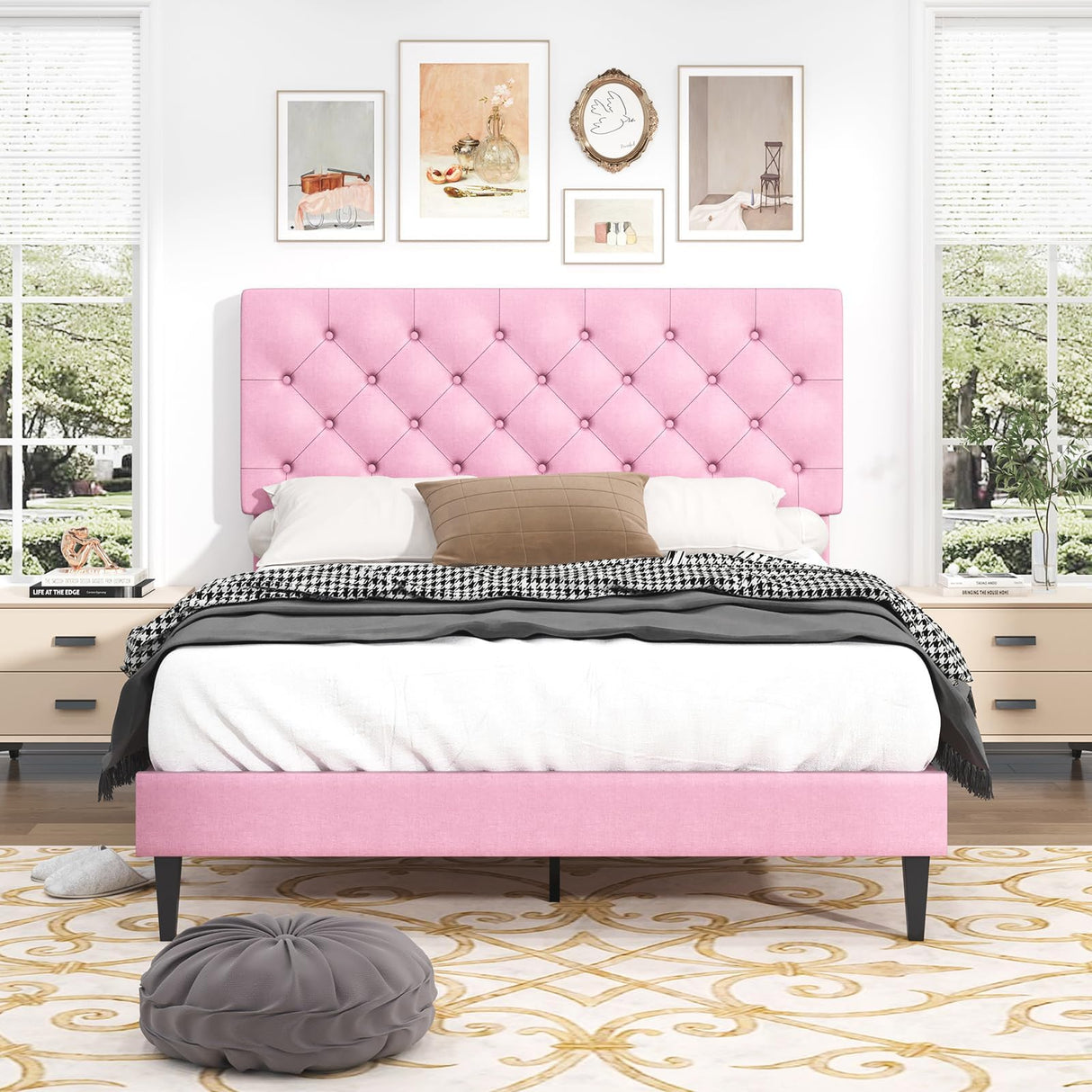 Full Size Bed Frame with Headboard, Upholstered Platform Bed with Adjustable Button Tufted Headboard, Fabric Bed Frame with Wooden Slats Support, No Box Spring Required, Easy Assembly, Pink BarnFurin