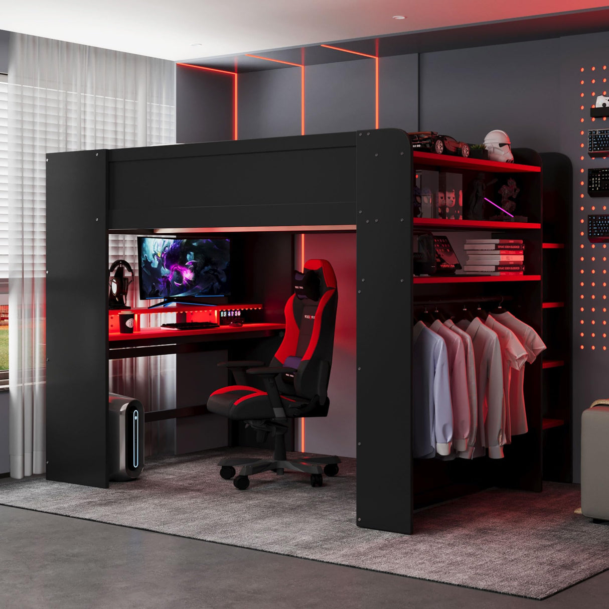 VilroCaz Modern Full Size Gaming Loft Bed with Height-Adjustable Desk and Wardrobe, Wood Loft Bed Frame with Light Strip and Multi-Storage Shelves, Maximize Space Saving (Red-s) VilroCaz
