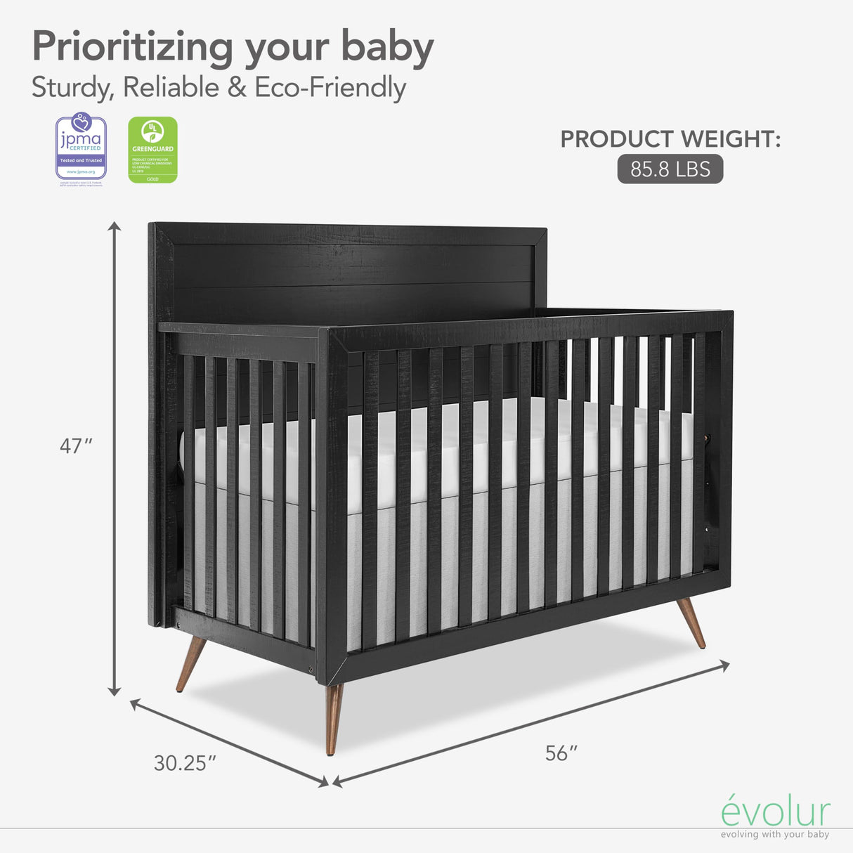 Evolur Stilnovo Mid Century 4-in-1 Convertible Crib, in Onyx Black Evolur