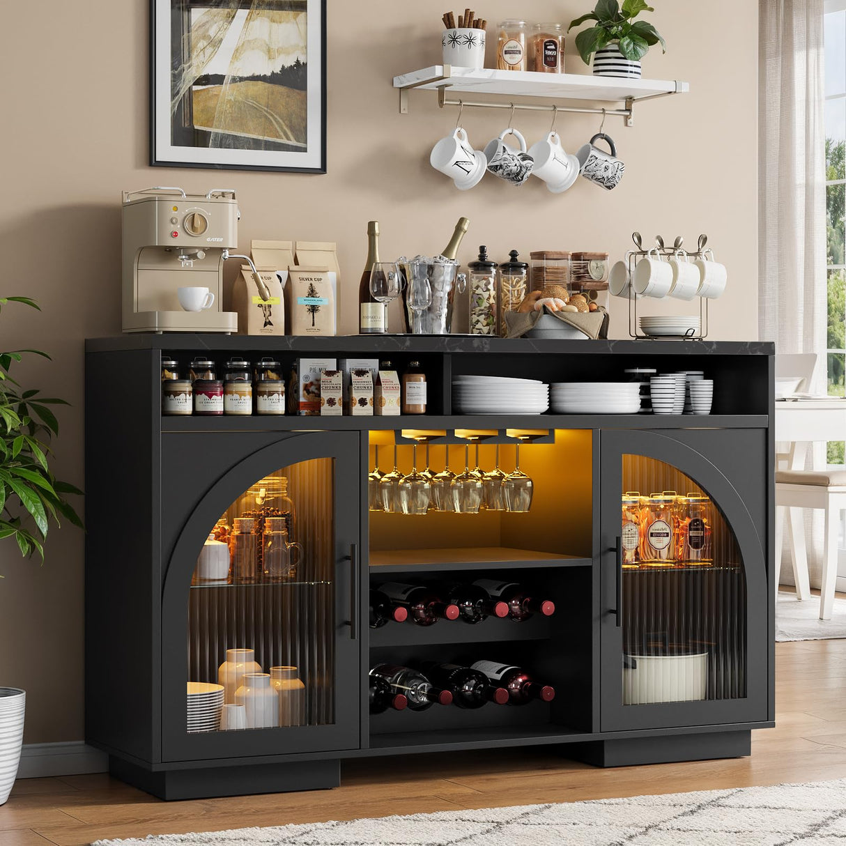 SOLACE FURNITURE Sideboard Buffet Cabinet, 54" Kitchen Cabinet with LED Lights & Arched Glass Doors, Tall Bar Cabinets with 2 Adjustable Shelves, Wine Rack & Storage Table for Dining Room, Black SOLACE FURNITURE