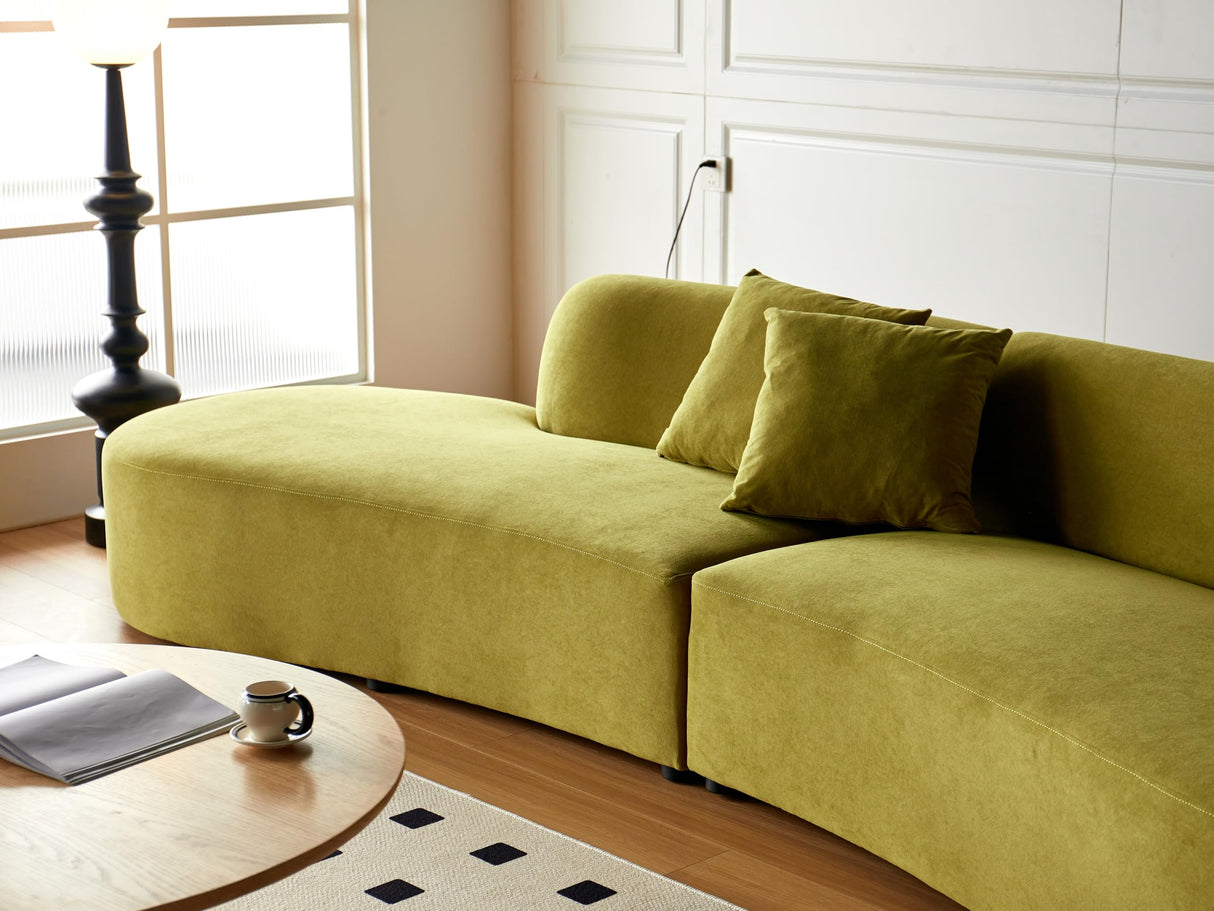 Container Furniture Direct 132" Curved Sofa with Throw Pillows, 6 Seater Luxury Velvet Couch with Half Moon Design and High-Density Foam, Ideal for Modern Living Room, Office & Apartment, Olive Green Container Furniture Direct
