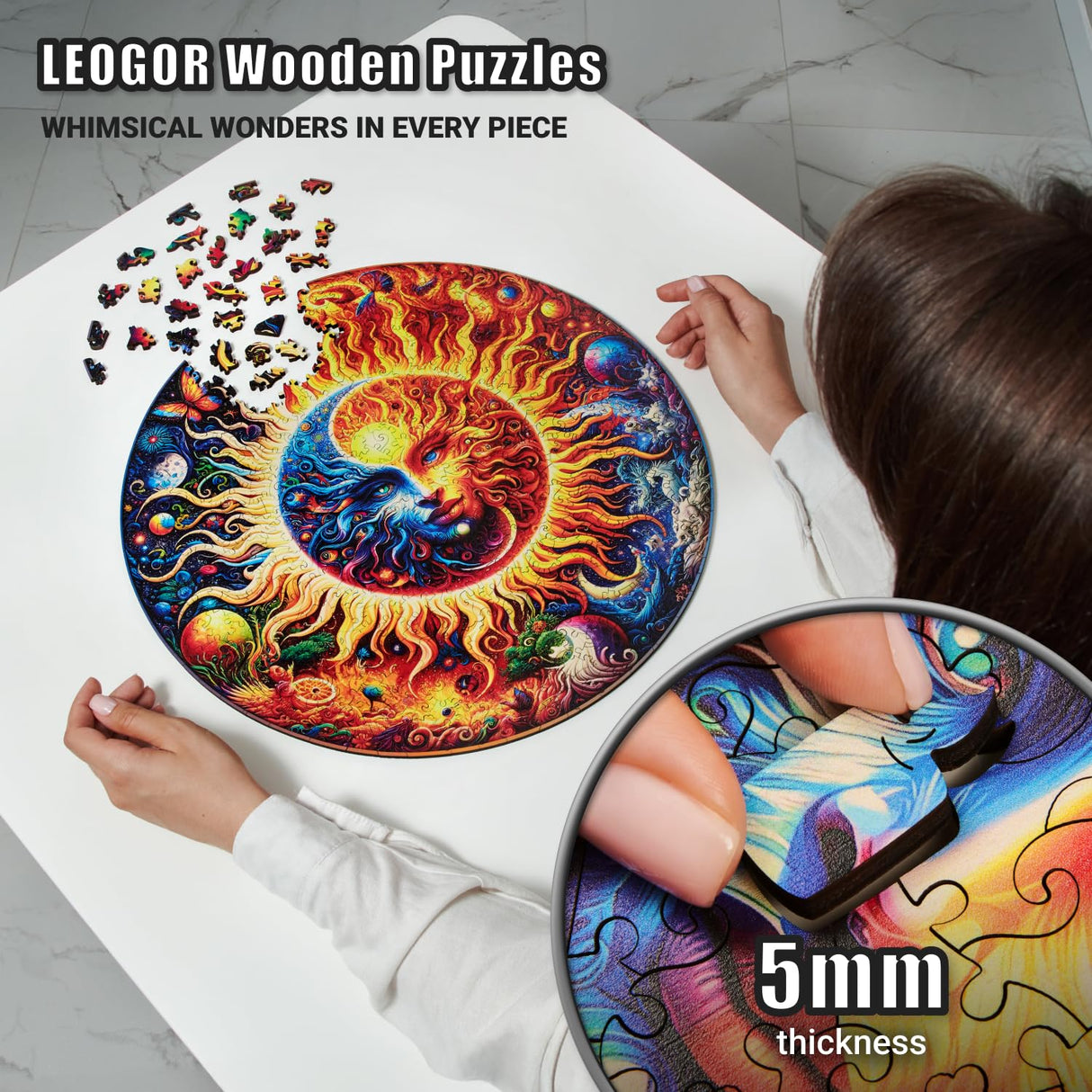 LEOGOR Extra Large Wooden Puzzles for Adults 500 Piece – Colorful Mosaic Sun and Moon Puzzle with Unique Laser Cut Animal-Shaped Wood Pieces – Challenging Jigsaw, 17.8'' x 17.8'' LEOGOR