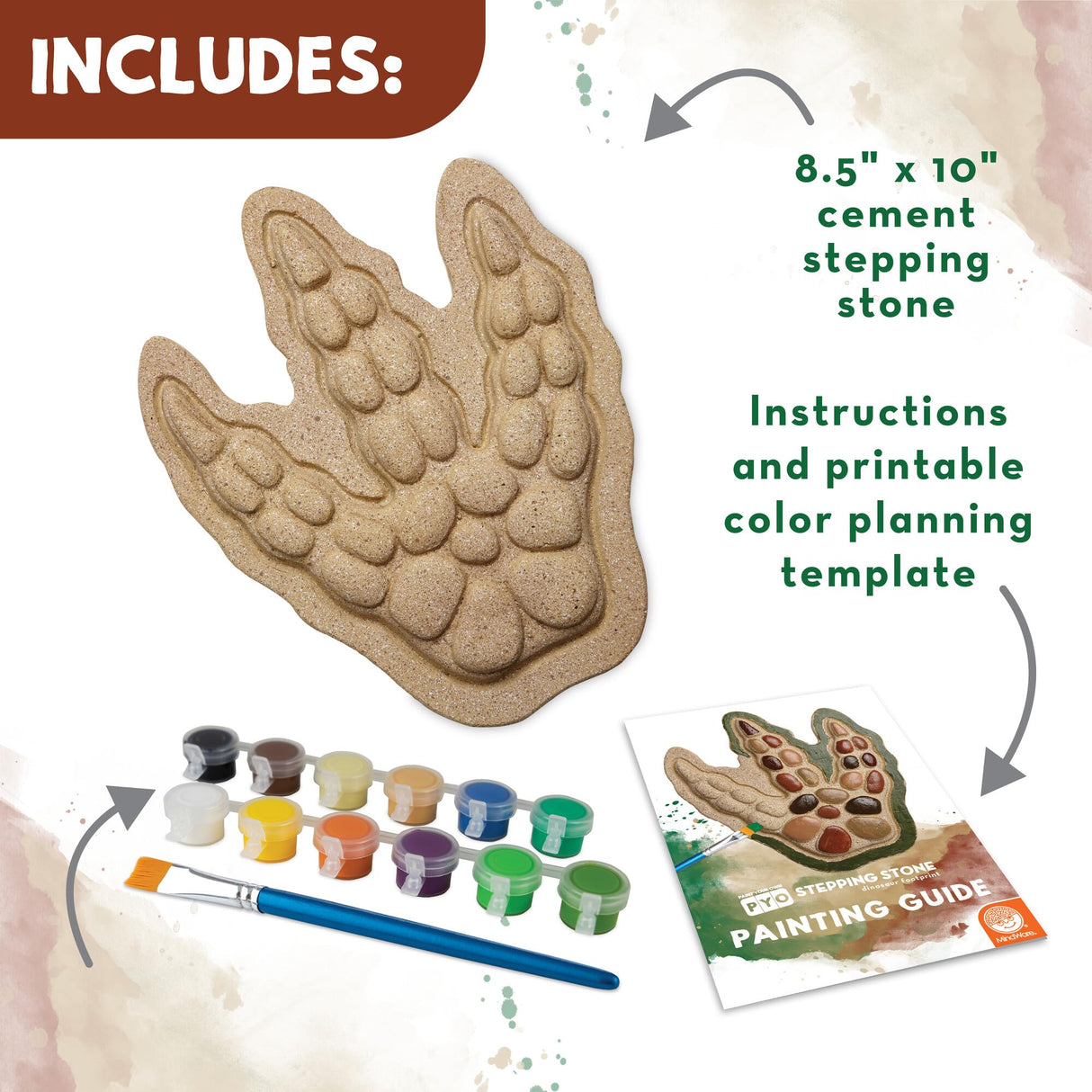 MindWare Paint Your Own Stepping Stone: Dinosaur Footprint – Weather-Resistant 8.5-inch x 10-inch Stepping Stones Kids Craft Kit - Includes Paint, Brushes and Instructions – Ages 8 and Up MindWare