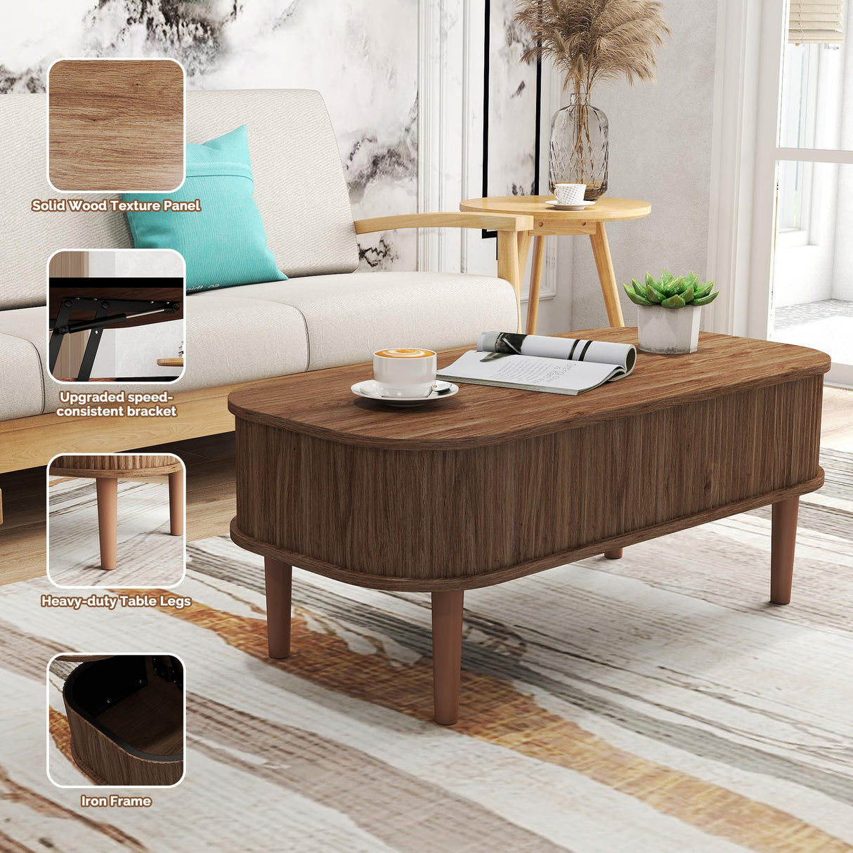 Fluted Lift Top Coffee Table with Hidden Storage, Oval Coffee Table with Lifting Top, Mid Century Modern Design for Living Room, Office & Small Spaces(Walnut) Cuzobro
