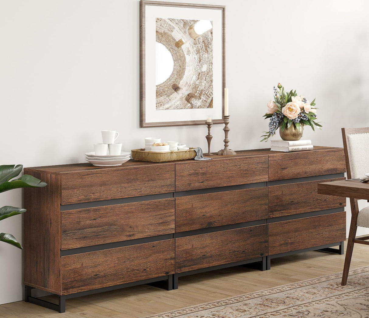 WAMPAT Dresser for Bedroom, Closet Organizers and Storage with 9 Drawers, Chest of Drawers with Metal Base, Wooden Modern Dresser for Living Room, Hallway, Entryway, Brown WAMPAT