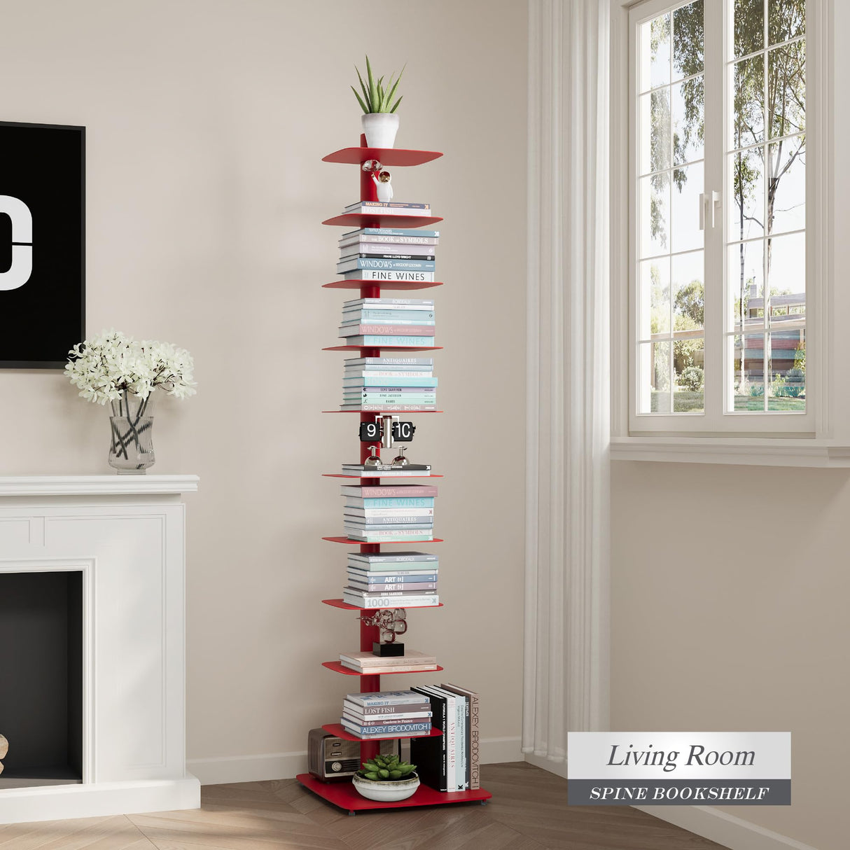 Suchtale Spine Bookshelf, Vertical Spine Book Tower, 11-Tier Metal Bookcase, Book Organizers Display Storage Rack for Study & Living Room, DIY Book Shelf for Decor, Red Suchtale