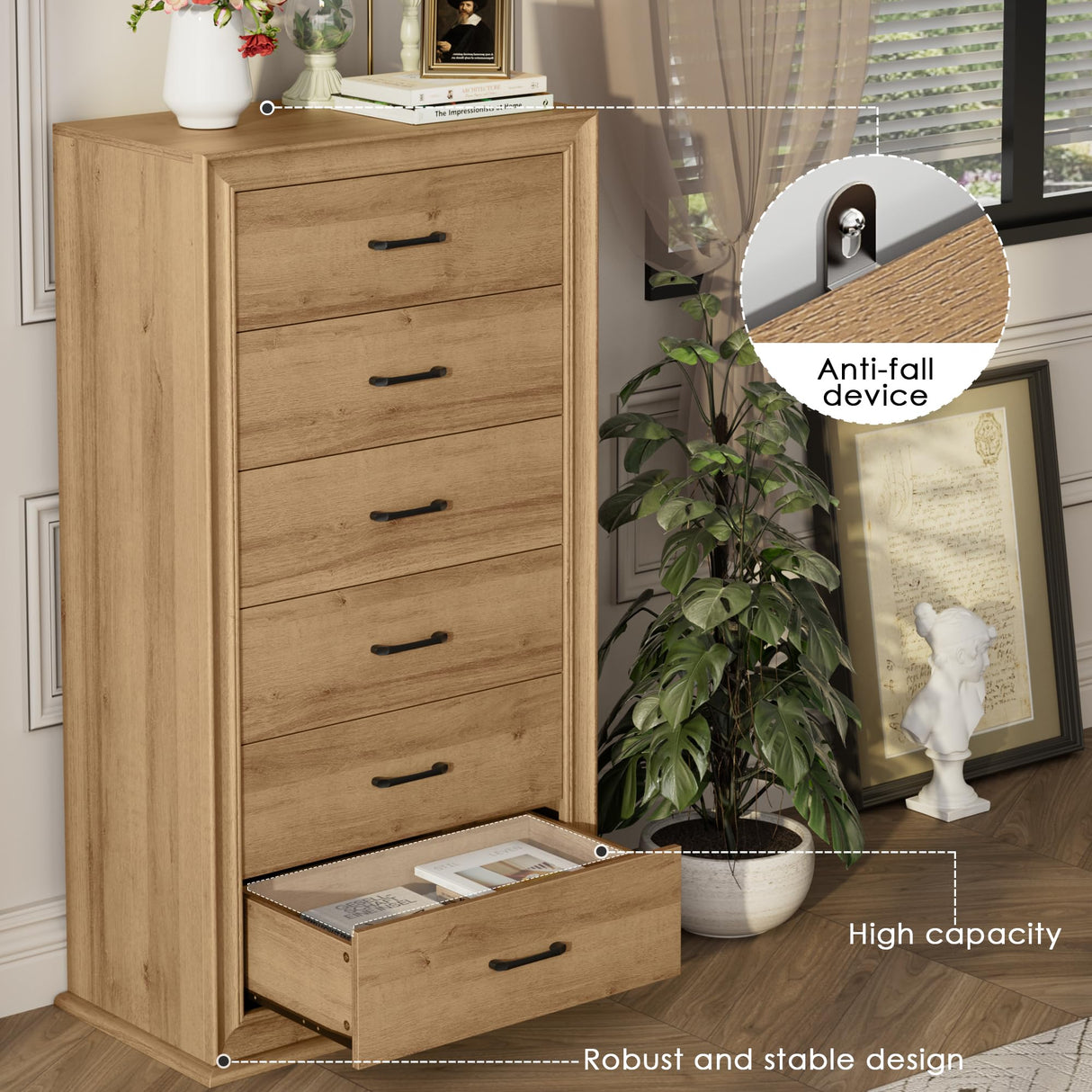 HIFIT Farmhouse 6 Drawer Dresser for Bedroom, 53'' Tall Dresser with 6 Drawers, Wood Chest of Drawers, Large Storage Dressers, Fluted Dresser for Living Room | Hallway | Home Office | Entryway, Oak HIFIT