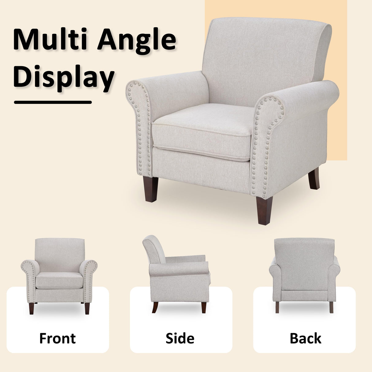 PrimeZone Comfy Accent Chair, Mid-Century Modern Fabric Living Room Chair Reading Chair with Soft Cushion, Nailhead Trim & Rolled Armrest, Arm Chair Sofa Chair for Bedroom Waiting Room Office, Beige PrimeZone