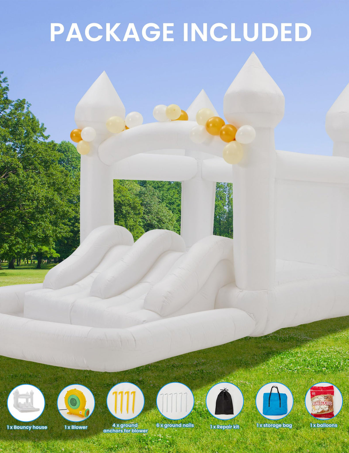 BUPPLEE Inflatable White Bounce House Jumping Castle with 480W Air Blower, 13x8x8FT Large Indoor Outdoor Bouncy Castle Theme for Kid and Adult with Slide & Ball Pit Perfect for Parties Events All Ages BUPPLEE