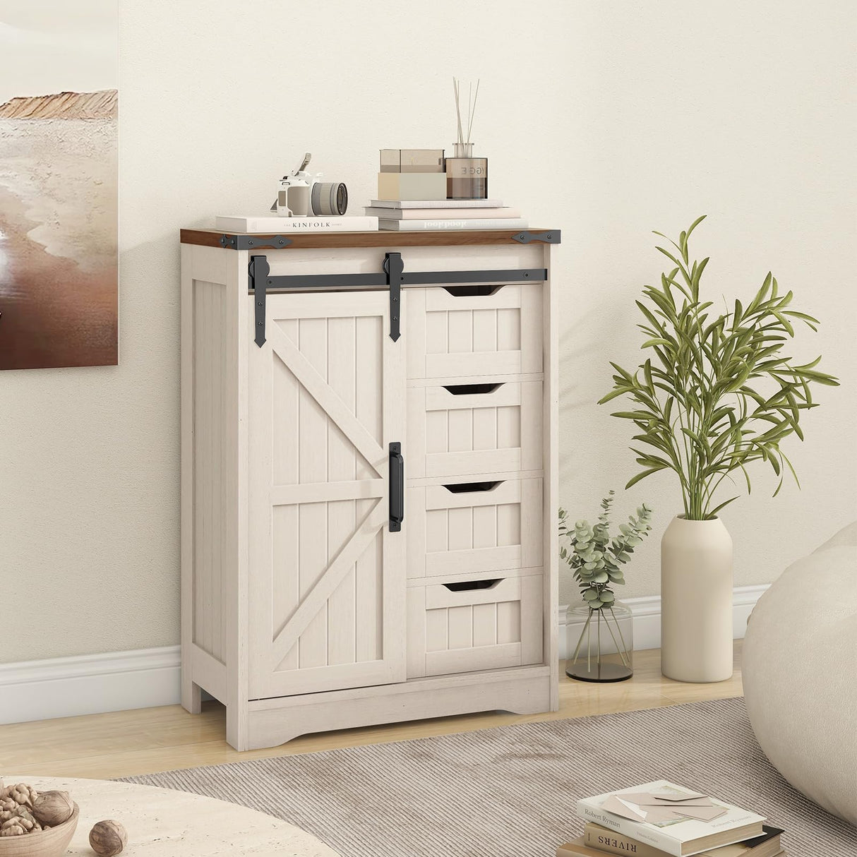 Befrases Farmhouse Bathroom Storage Cabinet, Bathroom Cabinet with 4 Drawers and Sliding Door, Farmhouse Floor Storage Organizer for Kitchen, Living Room, Rustic Style, White Befrases