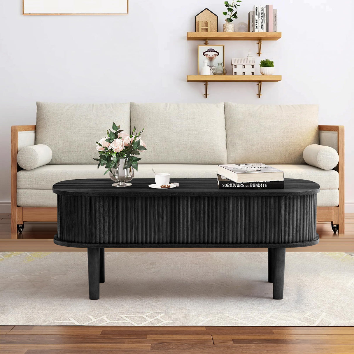 Fluted Lift Top Coffee Table with Hidden Compartment, Fully Assembled Wooden Center Table, Modern Oval Lift Tabletop for Home Living Room Office, Black ORRD