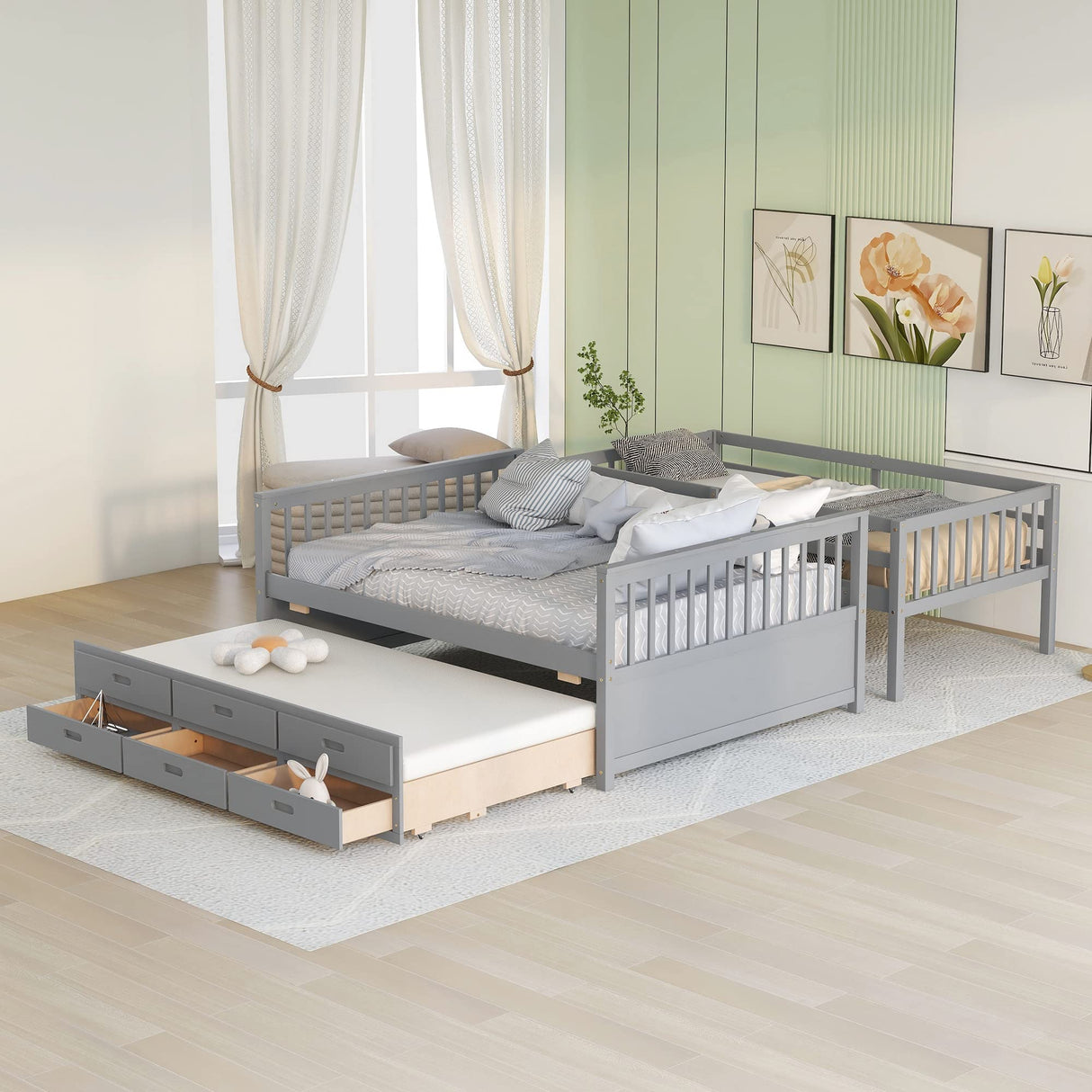 Linique Twin-Over-Full Bunk Bed with Twin Size Trundle,Can be Divided into a Captain Bed with 3 Drawers and a Single Bed for Bedroom,Guest Room(Gray) Linique