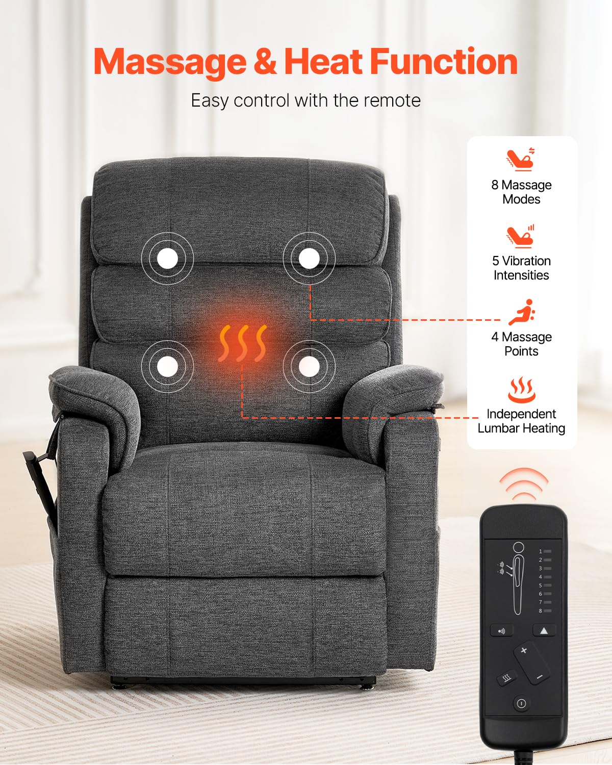 VEVOR Power Lift Recliner Chair, Dual Motor Lift Chair with Heat and Massage for Elderly, Infinite Position Adjustment Electric Recliner with 2 Anti-Fall Ropes (Medium, Dark Gray) VEVOR