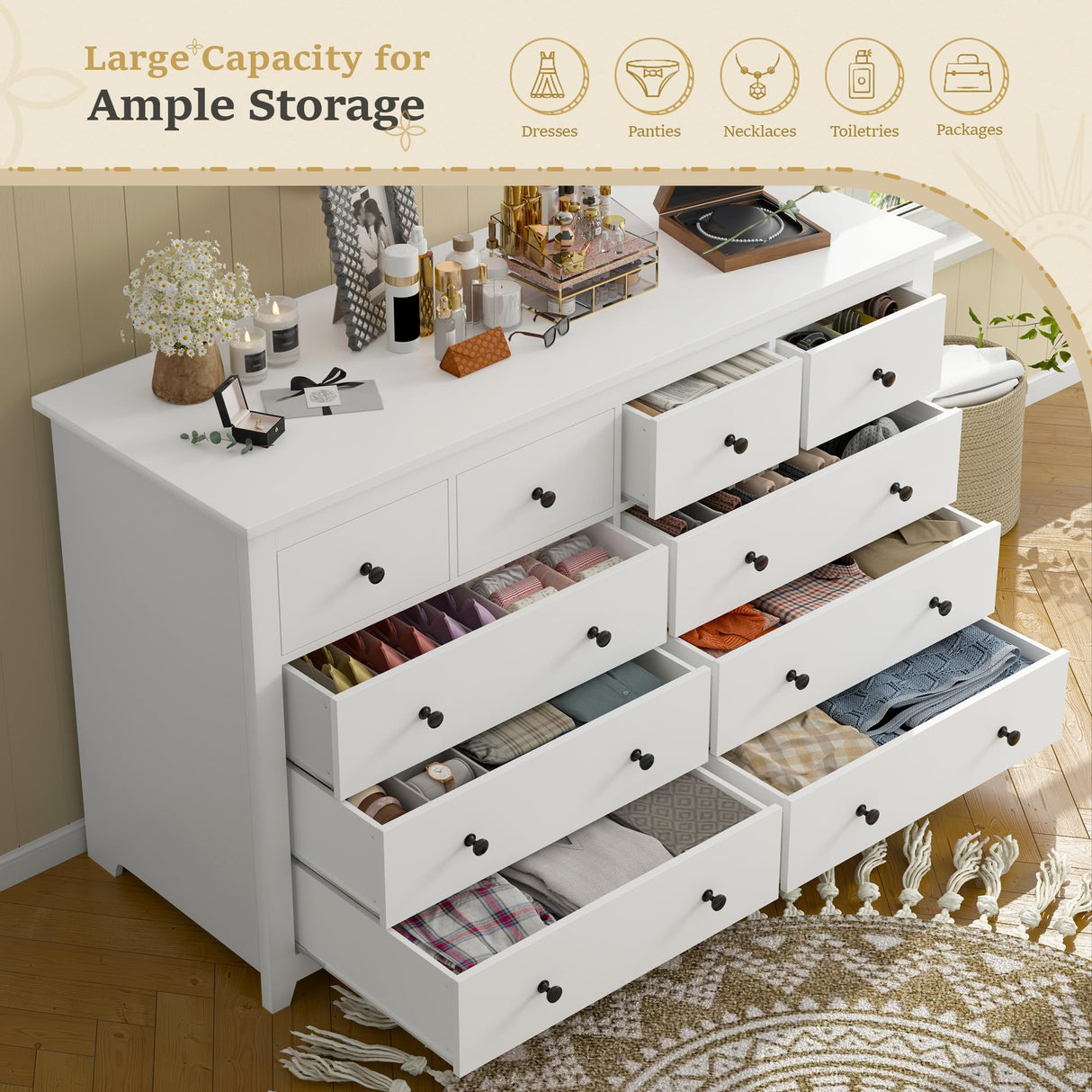 DurayLoly White Dresser for Bedroom with 10 Spacious Drawers Large Wood Dresser TV Stand for Bedroom Modern Chest of Drawers for Living Room Hallway Entryway, Smooth Slide, 15.7" D x 52" W x 36.5" H DurayLoly
