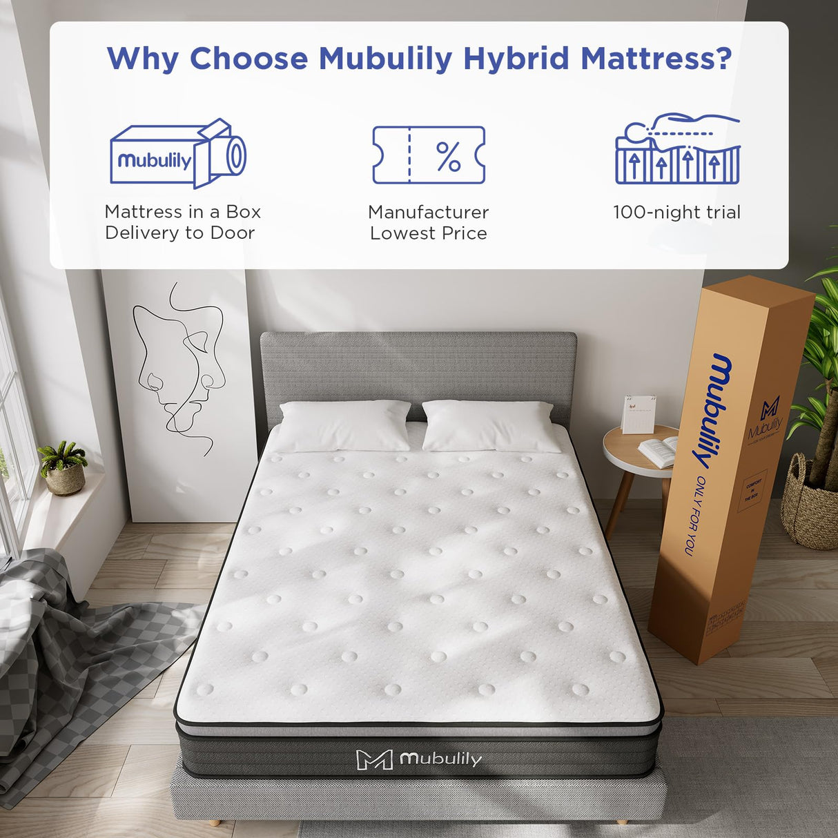 Mubulily Queen Mattress,10 Inch Hybrid Mattress in a Box with Gel Memory Foam Mattress,Individually Wrapped Pocket Coils Innerspring Mattress,Pressure Relief,Back Pain Relief,CertiPUR-US. Mubulily