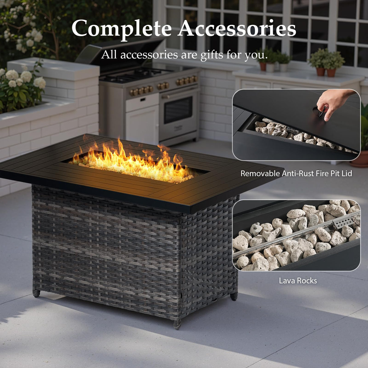 AMCLOBA Patio Furniture Set with 42.5" Fire Pit Table-6 Pieces All Weather Wicker Outdoor Furniture with High Back Swivel Patio Chairs Set of 2 Outdoor Couch for Deck Balcony Backyard Beige/Gray AMCLOBA