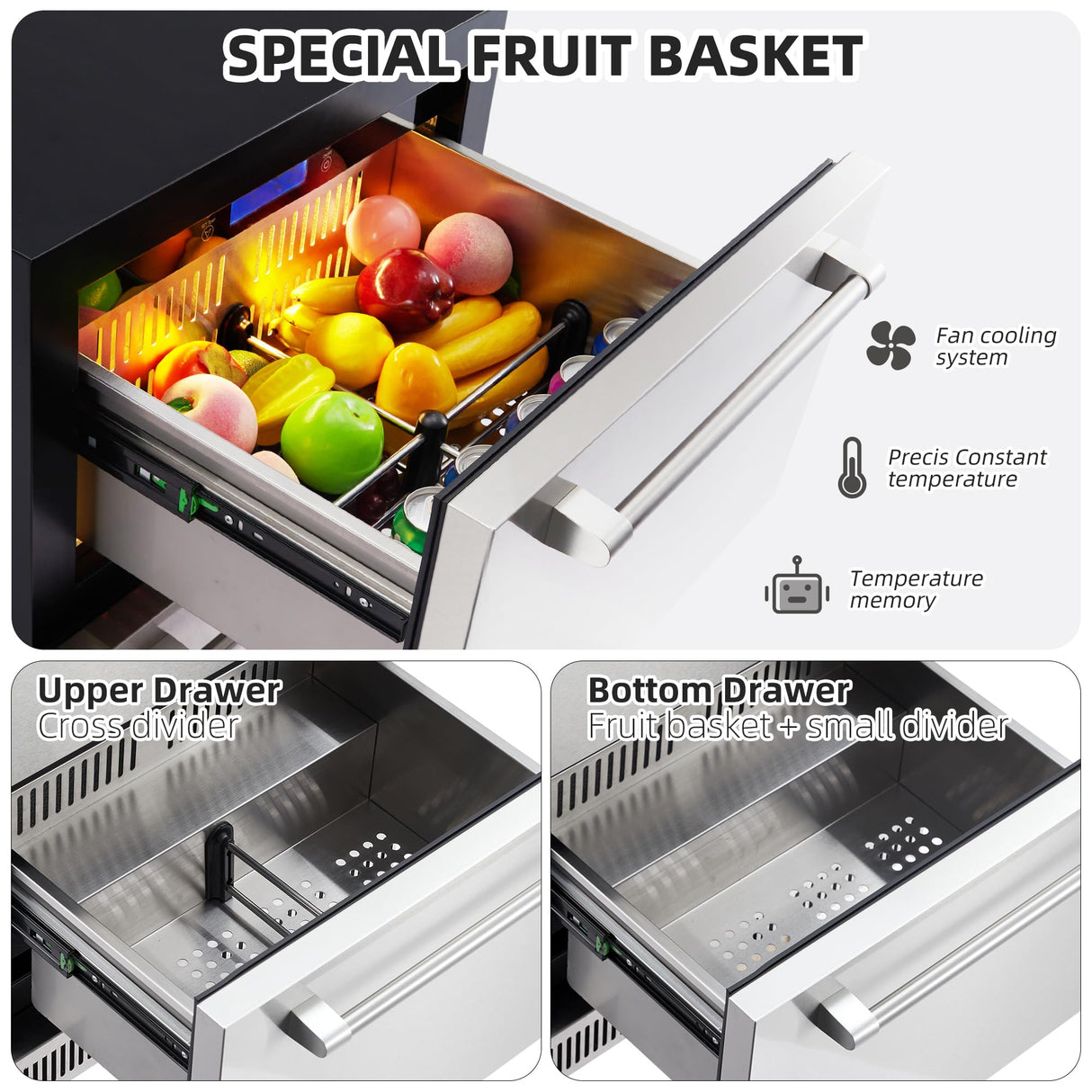 Garvee 24 Inch Outdoor Drawer Fridge, Counter Double Drawer Beverage Refrigerator, 5.2 Cu.Ft. Weather Proof Stainless Steel Built-in Fridge for Residential Commercial Use Black Garvee