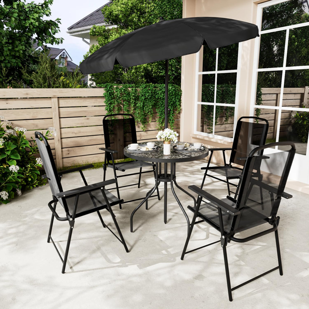 PUKAMI 6 Piece Folding Patio Dining Set with Umbrella, Outdoor Table and Chair with 4 Dining Chairs and Round Glass Table for Garden, Backyard and Deck, Black PUKAMI