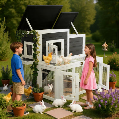 XiliqingEco Outdoor Chicken coops for 2-4 Chickens Wooden with Waterproof Asphalt Roof, Ramp, and Multiple Doors Openable Top Pull-Out Tray Suitable for Outdoor Backyard (Black and White)