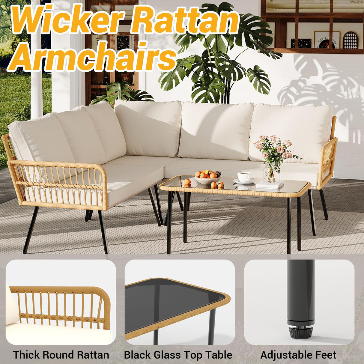 GarveeLife Wicker 4 Pieces Patio Furniture Sets Outdoor Sectional L-Shaped with Cushions & Side Table and Chairs Set, Boho Rattan 5 Seater Conversation Sets for Apartment, Bistro, Backyard,Porch,Beige GarveeLife