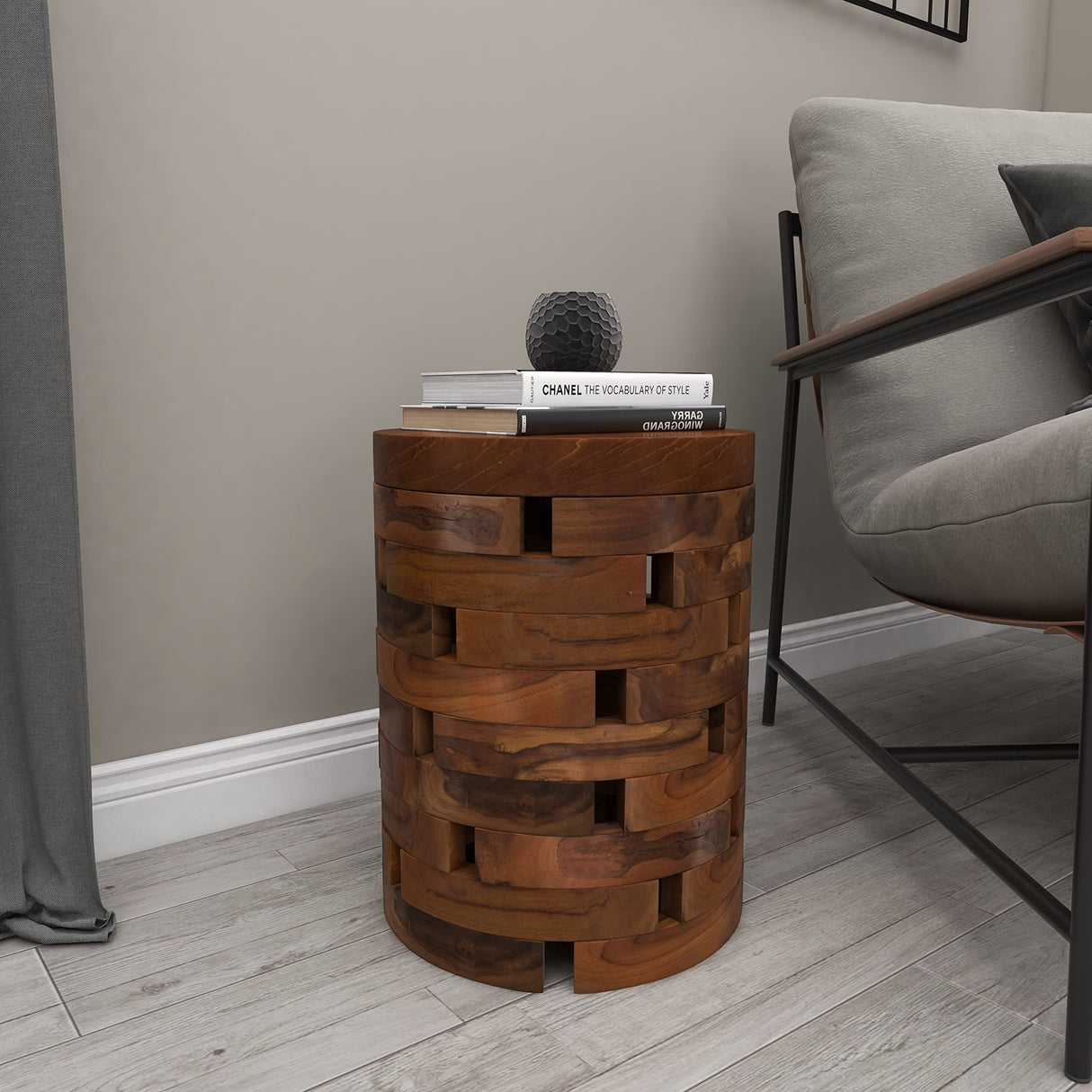 Deco 79 Teak Wood Handmade Side End Accent Table Live Edge End Table with Brick Inspired Design, Side Table 14" x 14" x 18", Light Brown Deco 79