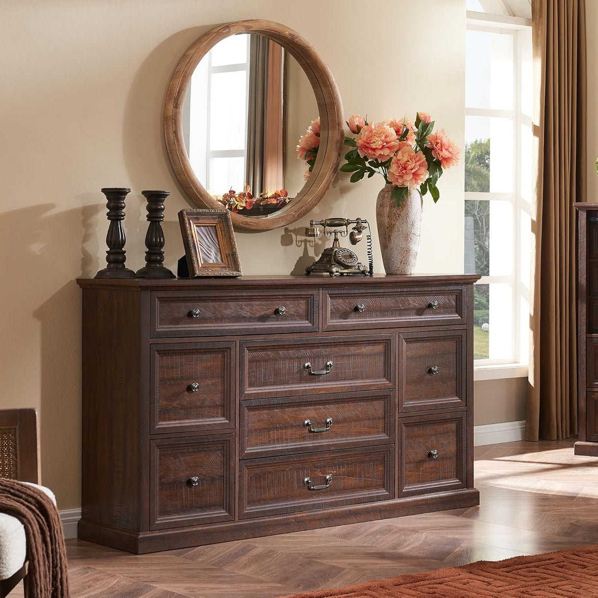 IFGET Farmhouse 9 Drawers Dresser for Bedroom, 60" Wide Wood Rustic Chest of Drawers, Large Storage Dressers Organizer for Bedroom, Living Room, Hallway, Dining Room-Brown IFGET