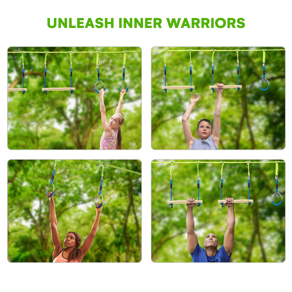 Flybold Obstacle Course for Kids - 40 Ft Ninja Warrior Slackline Kit with 8 Adjustable Obstacles - Tree Protectors, Twin Gear Ratchets, Carry Bag - Complete Outdoor Adventure Set flybold