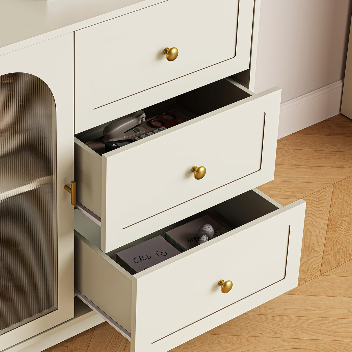 RoyalCraft Makeup Vanity Desk, Extendable Corner Vanity Makeup Table with 3 Drawers & 1 Door, Modern Dressing Table for Bedroom, Cream White Makeup Vanity Without Mirror RoyalCraft