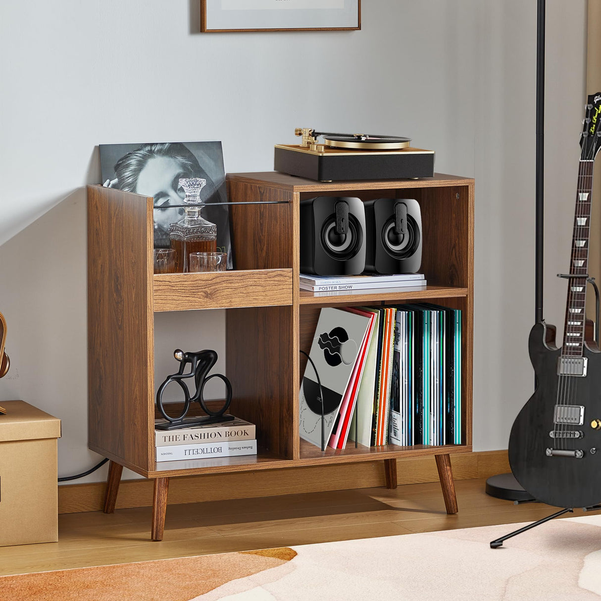 affeivul Mid-Century Vinyl Storage Cabinet Table with Solid Wood Legs, Turntable Stand with Power Outlet Holds up to 200 Albums, Record Player Holder Display Shelf, End Table for Bedroom Living Room affeivul