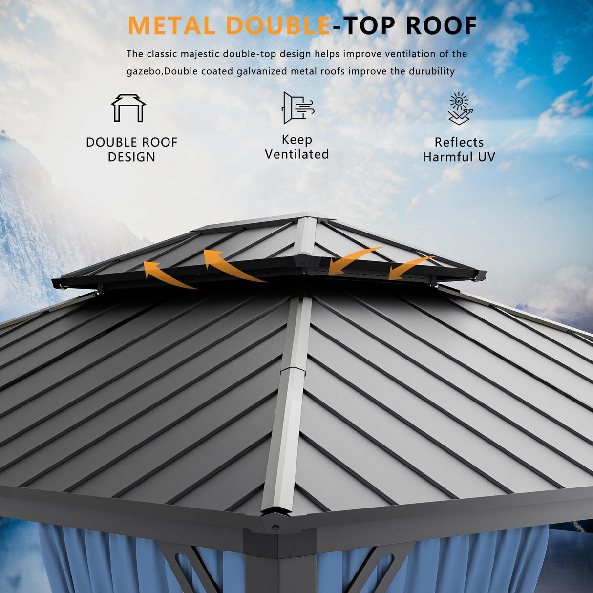 RTDTD 12’x14’ Hardtop Gazebo Outdoor Aluminum Frame Permanent Gazebo Galvanized Steel Double Roof Pergola with Nettings and Curtains for Patio, Lawns,Backyard, Deck(Navy) RTDTD