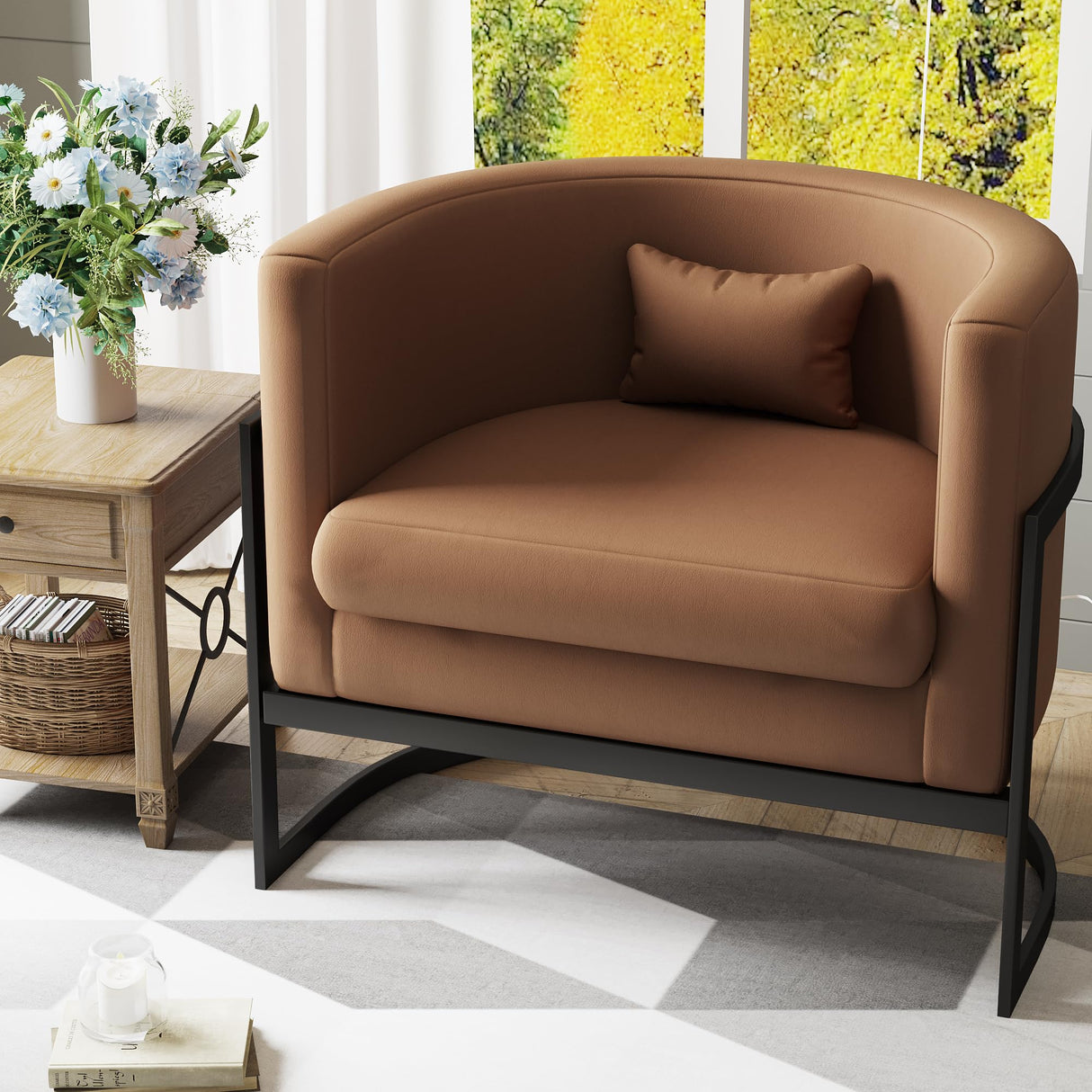 Apeaka Brown Faux Leather Barrel Accent Chair Modern Upholstered Armchair for Living Room Bedroom Single Sofa Chair Club Side Chairs Apeaka