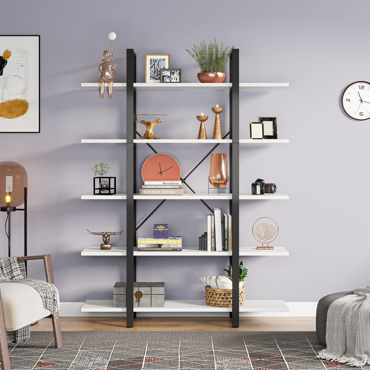 Vintage Industrial 5-Tier Bookshelf by Tribesigns - Extra Large White Bookcase for Stylish Storage Tribesigns