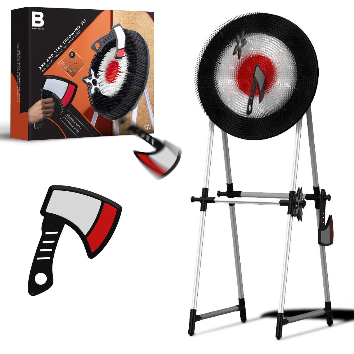 The Black Series Axe Throwing Target Set, Includes 3 Throwing Axes & Bristle Target, Blunted Edges & Lightweight Plastic, Safe for Indoor & Outdoor Use, Fun Adults & Kids Activity Black Series