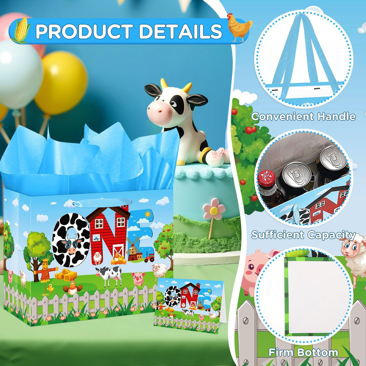 Farm Animals 1st Birthday Decorations Farmhouse Barnyard First Birthday Gift Bag with Tissue Papers Card One Birthday Wrapping Paper Bag for Kids Newborn 1st Birthday Baby Shower Christmas Party Innovoscape