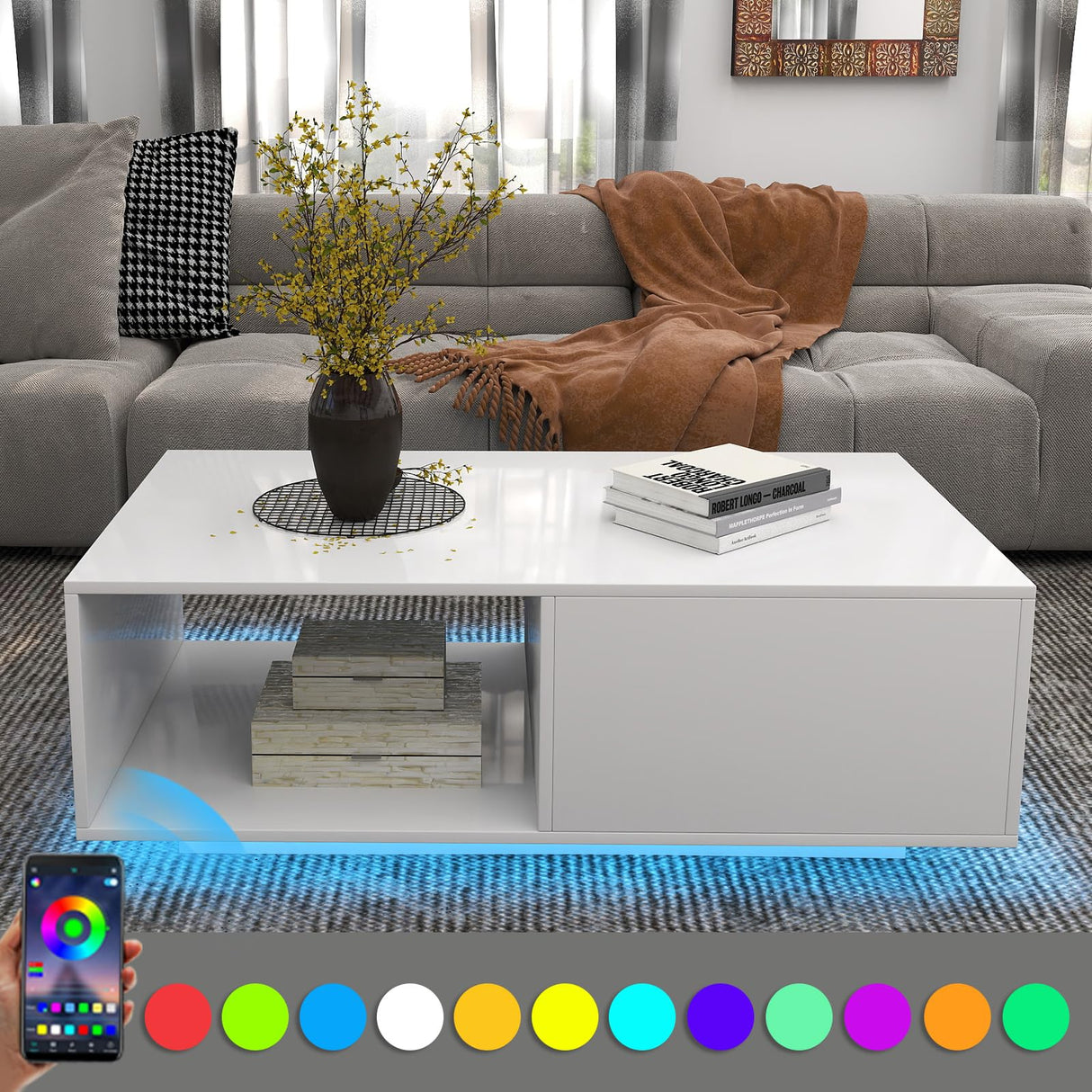 COSVALVE Modern White LED Coffee Tables for Living Room with Drawer & 16-Color LED Lights, Rectangle Living Room Sofa Table with Ample Storage Space(23.6" D x 43.3" W x 15.7" H) COSVALVE
