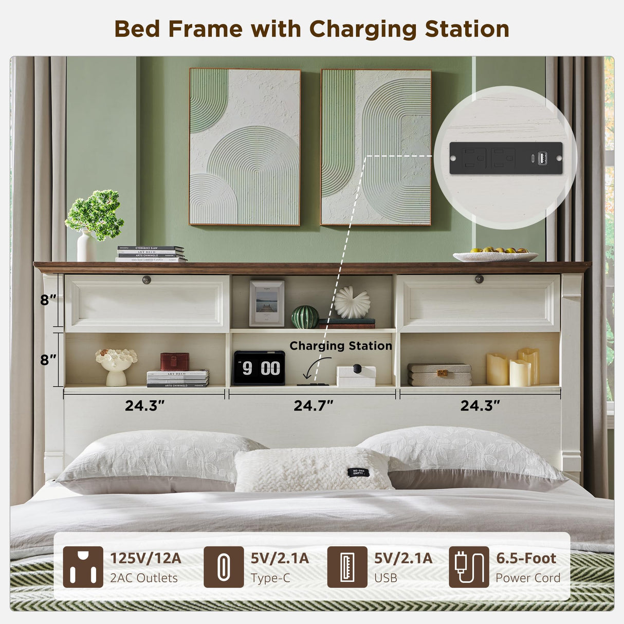 Farmhouse King Size Bed Frame with 54" Tall Storage Bookcase Headboard, Wood Platform Bed Frame with 2 Drawers & 18" Tall Roman Column Decoration Footboard, No Box Spring Needed(Antique White) T4TREAM