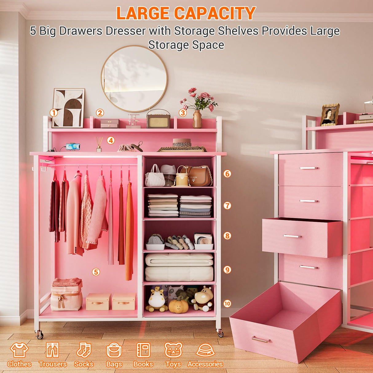 Cyclysio Dresser for Bedroom with Clothes Rack & Shelves, Pink 5 Drawers Dresser with Charging Station & LED Lights, Chest of Drawers with Lockable Wheels, Storage Shelves, Bedroom, Closet,Entryway Cyclysio