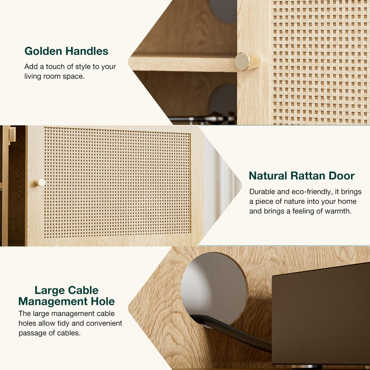 ZttRiee TV Stand for TVs up to 65'', Entertainment Center with Rattan Door, Shelves & 2 Cabinets, Long Boho Media TV Console for Living Room, Natural ZttRiee