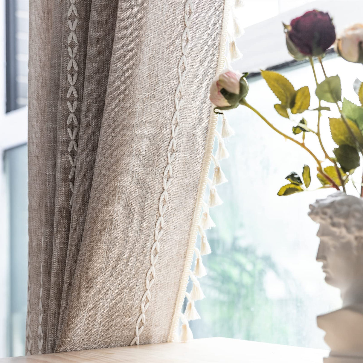 RoomTalks Country Farmhouse Cotton Polyester Curtains for Bedroom Living Room 63 Inch Length Light Filtering Boho Chic Cabin Rustic Window Curtain Panels with Tassels Striped Bohemian Draperies RoomTalks