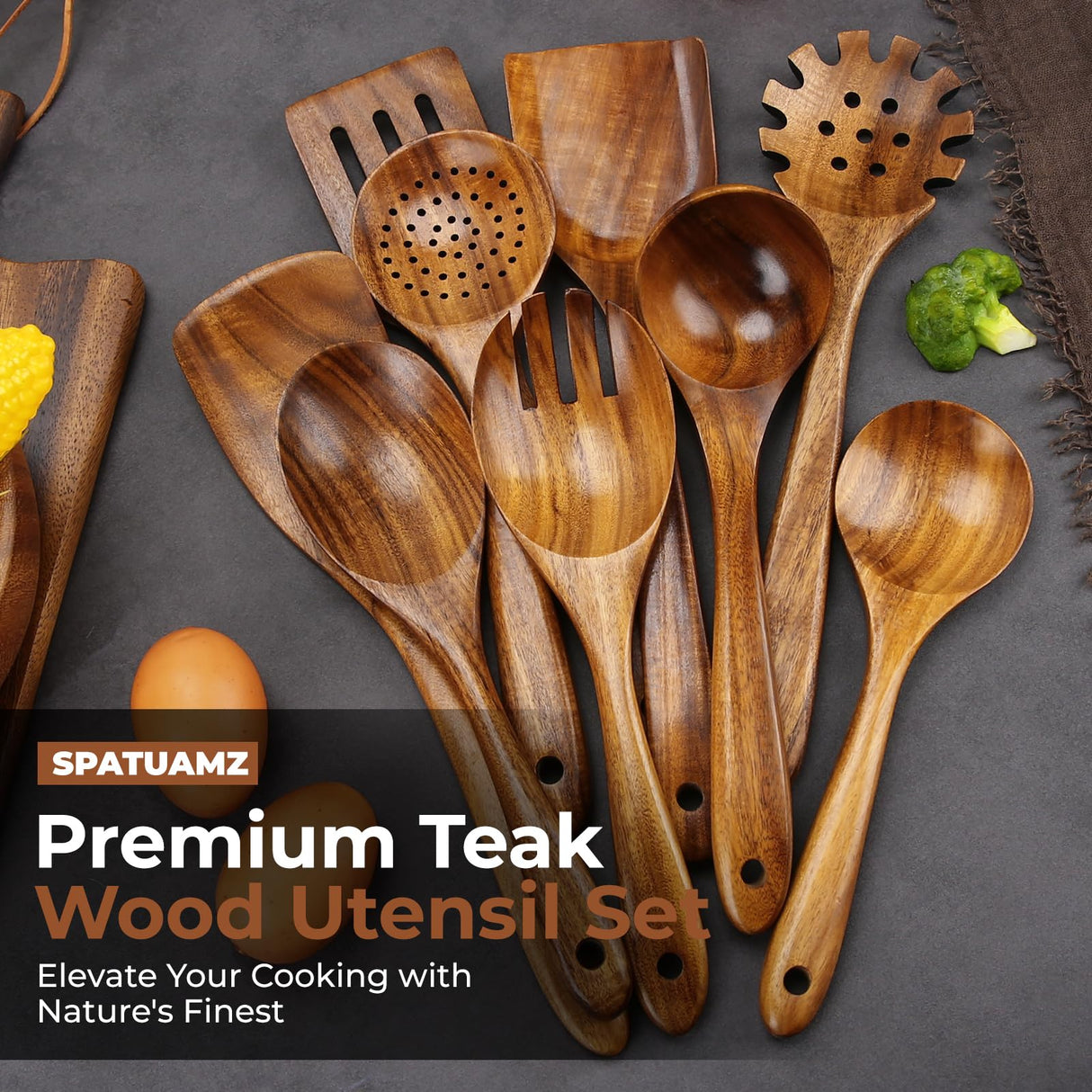 Natural Teak Wooden Kitchen Utensil Set, Handmade Wooden Utensils for Cooking, Premium Wooden Spoon and Spatula Set for Any Kitchen SPATUAMZ