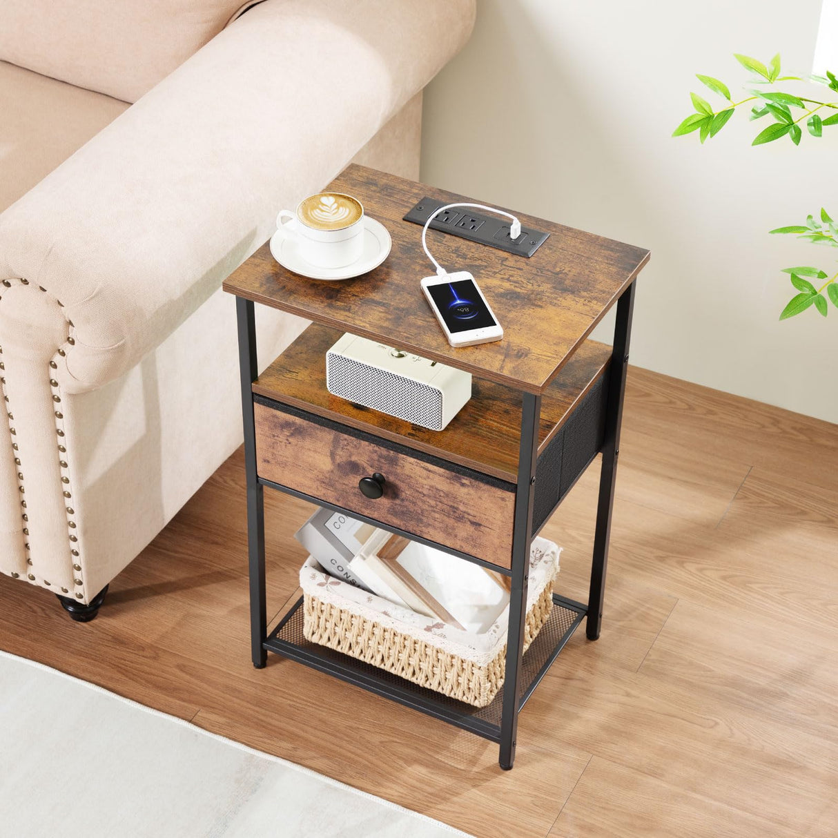 LOAKEKEL Night Stand Set 2, Nightstand with Charging Station, End Tables Living Room with Fabric Drawer for Small Spaces, Side Tables with Storage Shelf for Bedroom, Rustic Brown HETS010PBR LOAKEKEL