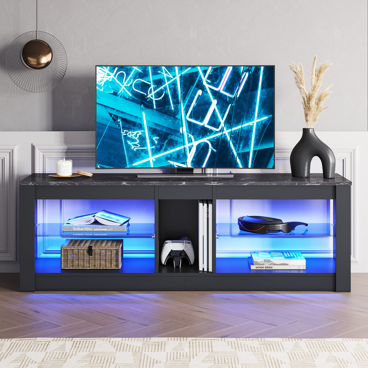 Bestier Entertainment Center LED Gaming TV Stand for 55+ Inch TV Adjustable Glass Shelves 22 Dynamic RGB Modes TV Cabinet Game Console PS4, Black Marble Bestier